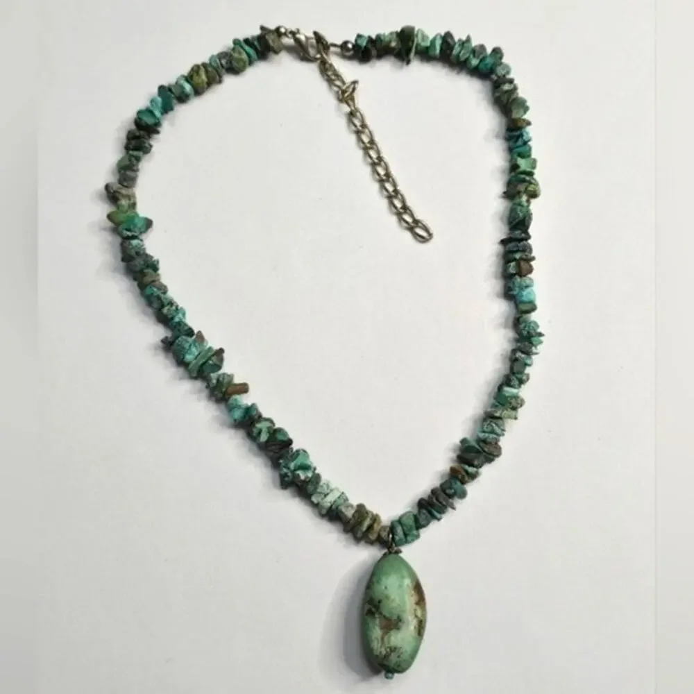 Treska Turquoise Chip Bead Necklace Oval Pendant Southwestern Boho Teal Blue